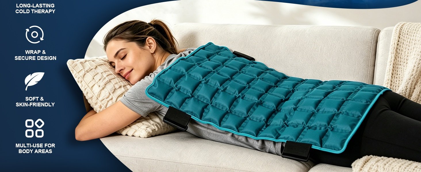 Reusable back cold therapy pad with wrap and secure design